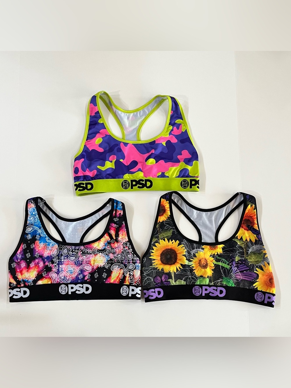 Bundle Lot of 3 PSD Neon Camo Paisley Floral Racerback Sports Bras, size large